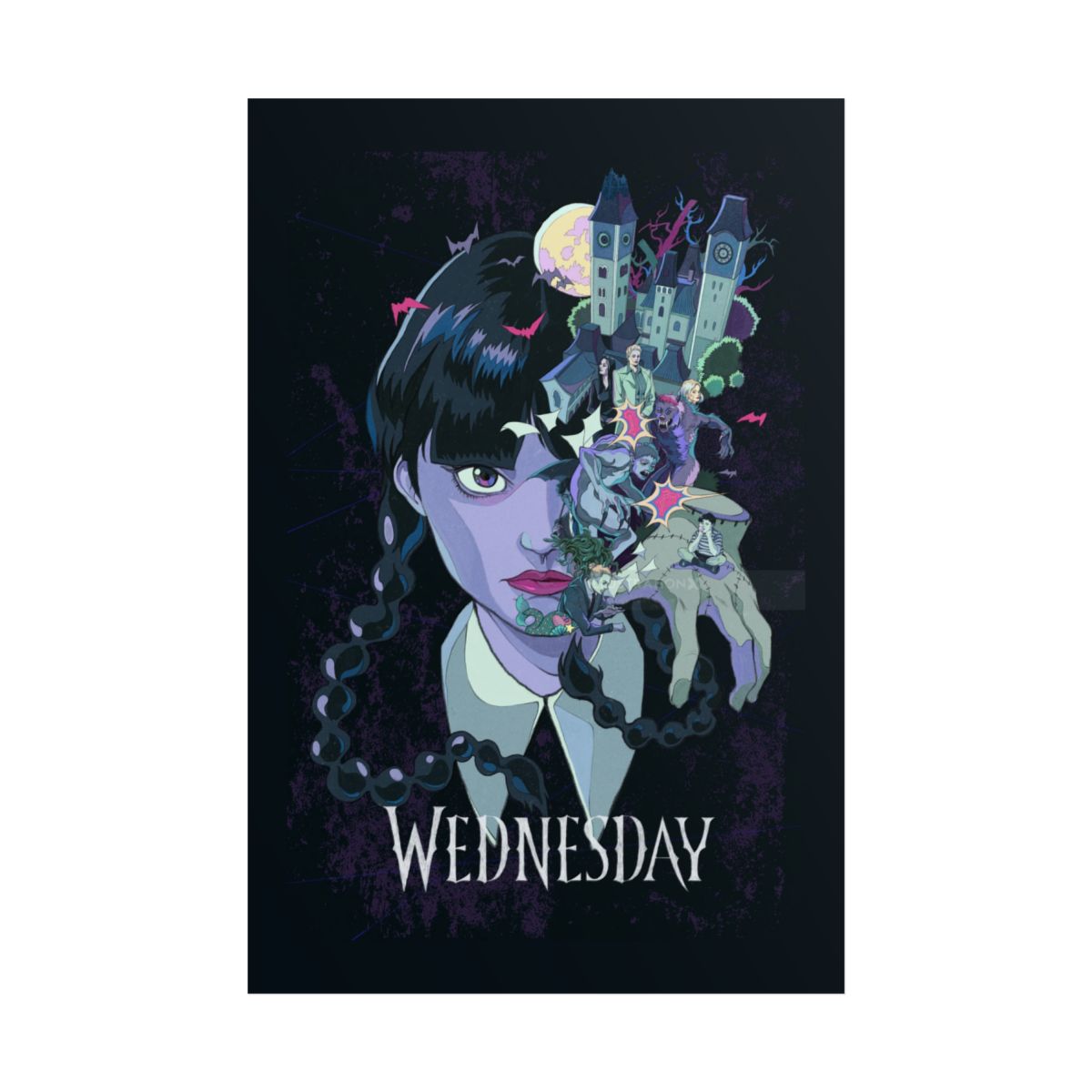 Wednesday character art Rolled Poster | gothic portrait, mansion illustration | Wednesday Merch