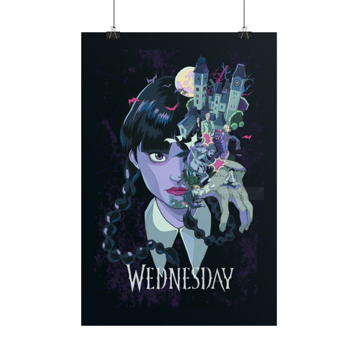Wednesday character art Rolled Poster | gothic portrait, mansion illustration | Wednesday Merch