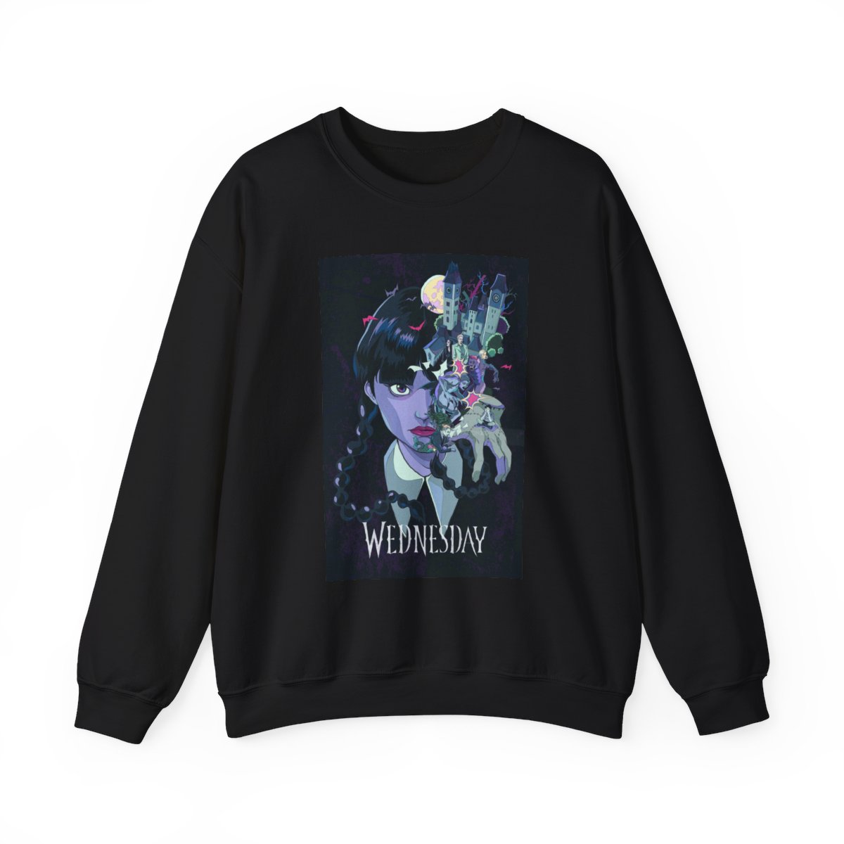 Gothic Wednesday portrait Sweatshirt | Dark moon, cityscape, spooky hand | Wednesday Merch